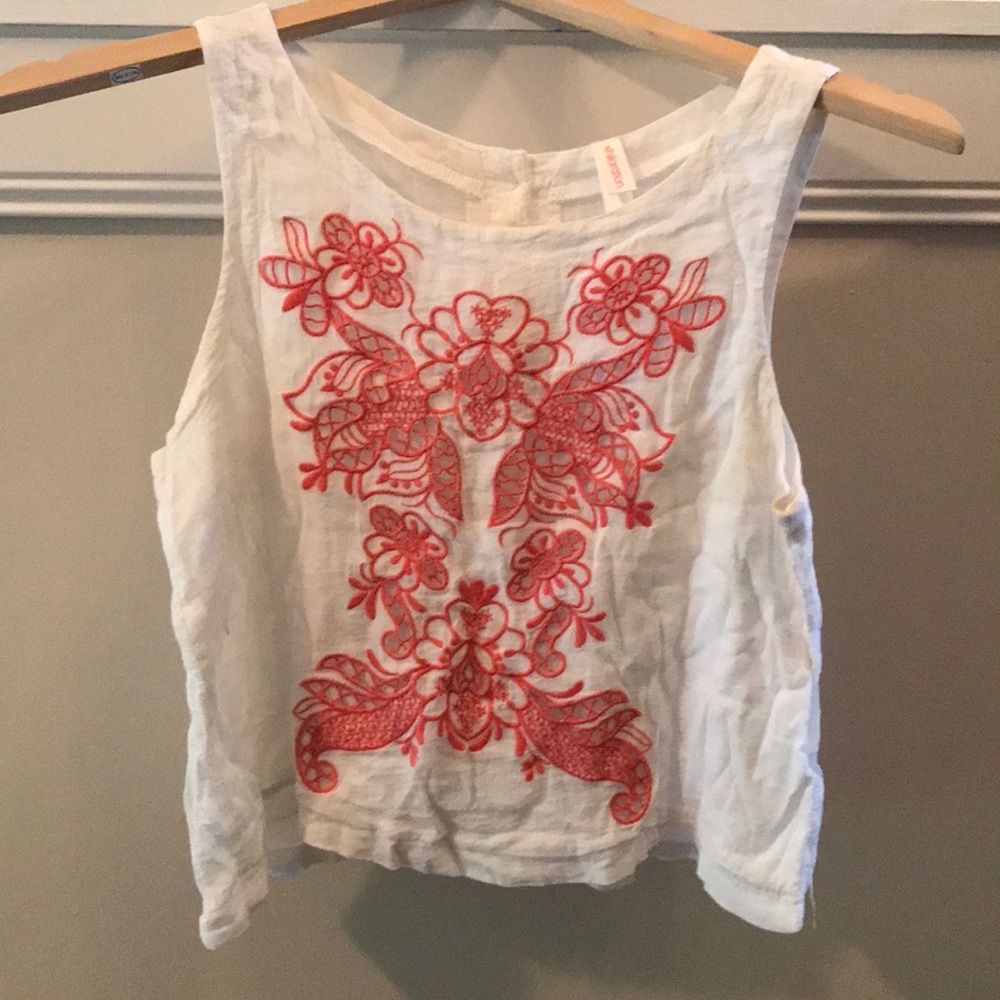 White tank with intricate orange detail
